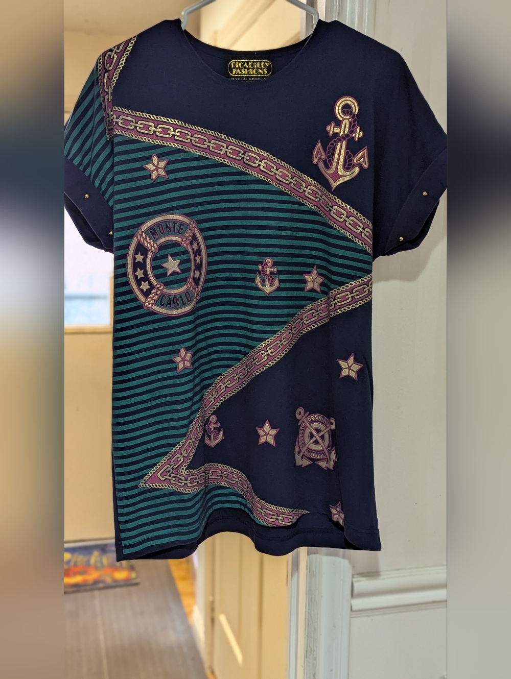 Vintage Picadilly Fashion Navy & Teal Nautical Anchor Print Short Sleeve Top